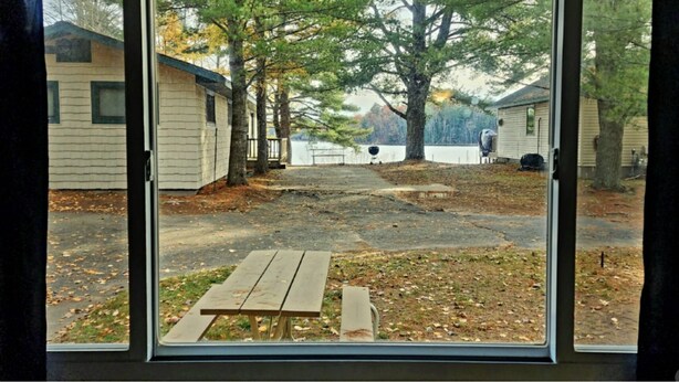 A view through a window of a backyard with a picnic table, trees, and a lake in the background.