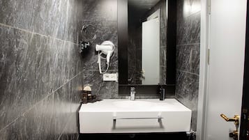 Shower, rainfall showerhead, hair dryer, slippers