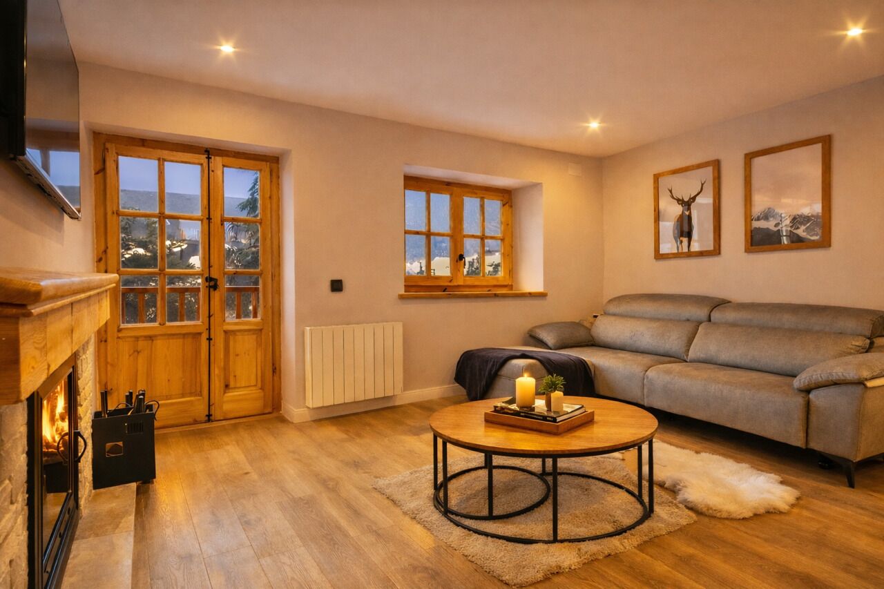 Un salon chaleureux avec une cheminée, un canapé, une table basse et une fenêtre donnant sur l’extérieur.