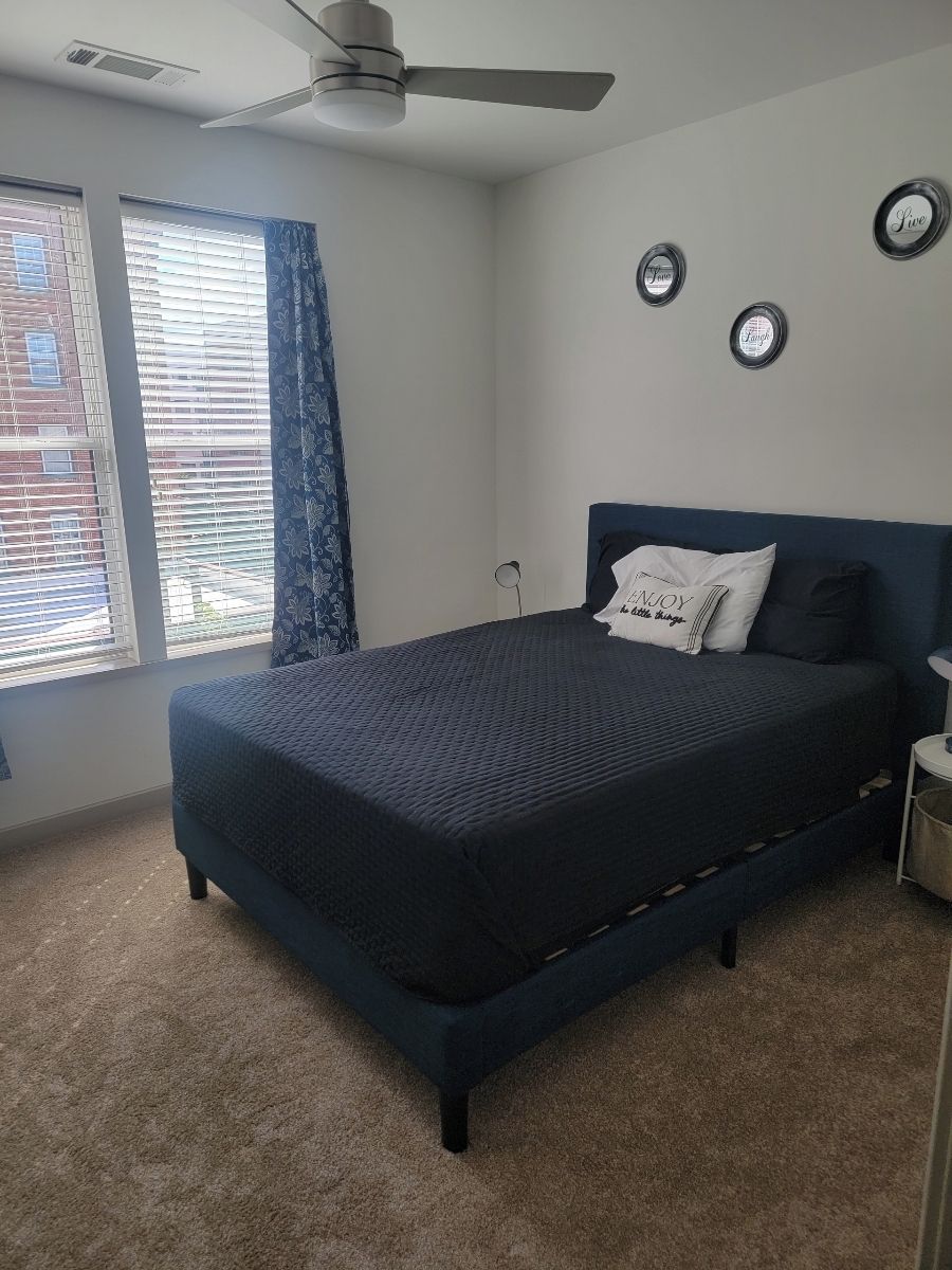 A bedroom with a bed, a ceiling fan, a window with blinds, and a wall with three circular decorations.