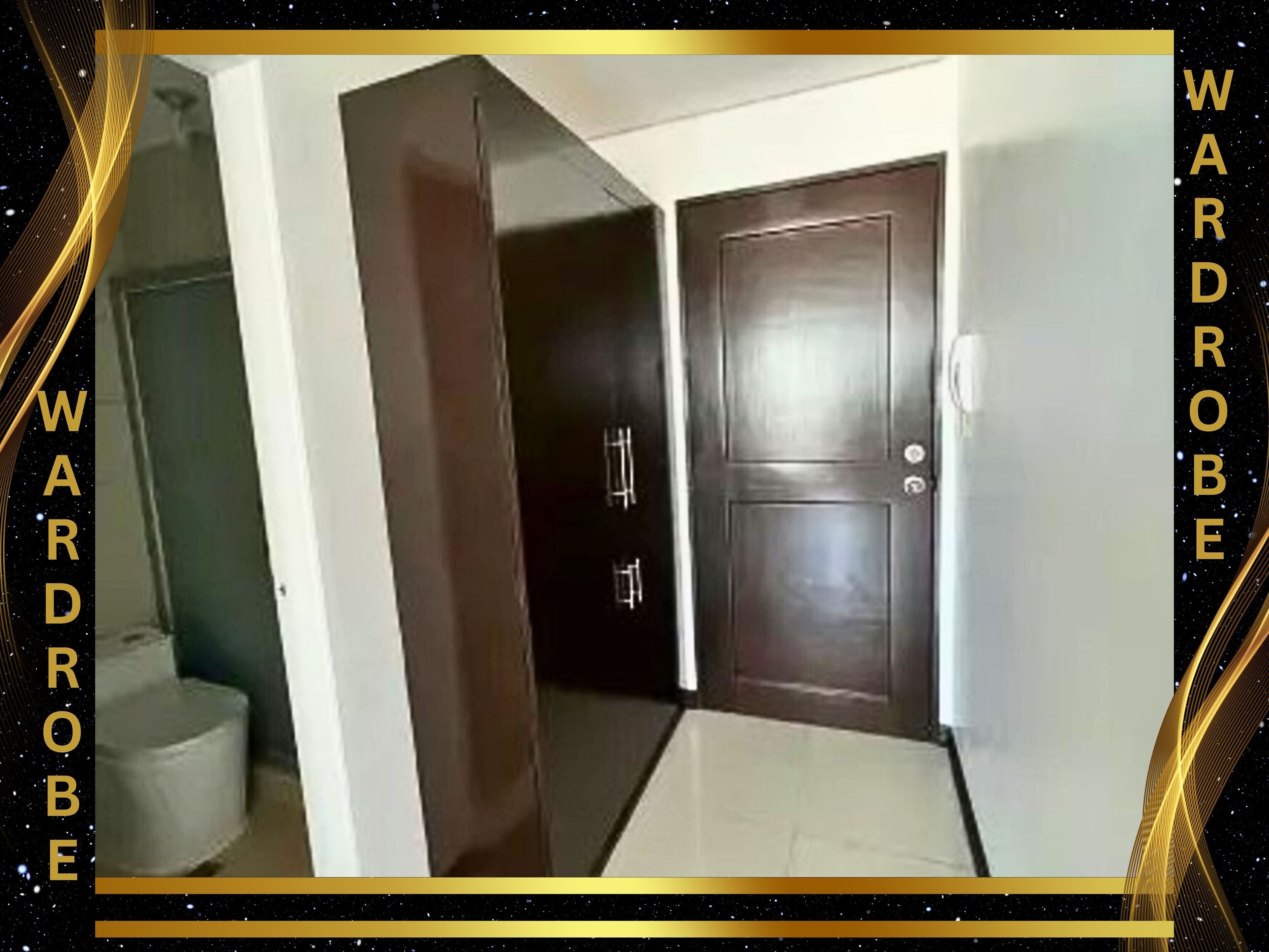 A hallway with a wooden door, a white wall, and a tiled floor.