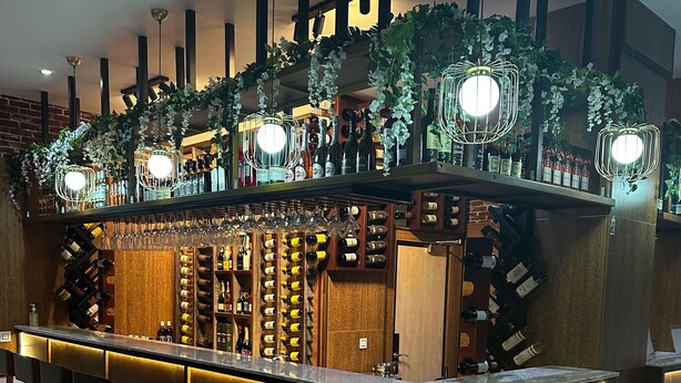 Una zona de bar con una barra alargada, varias botellas de vino y plantas colgantes.