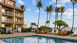 A hotel pool area with a clear view of the ocean, surrounded by palm trees and lounge chairs. - 1 Bedroom Condo :: Oceanfront Resort Kapaa Shore (Kauai)