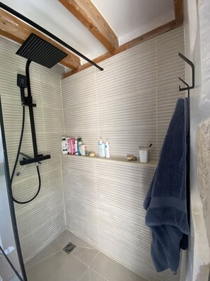 Shower, hair dryer, towels, soap