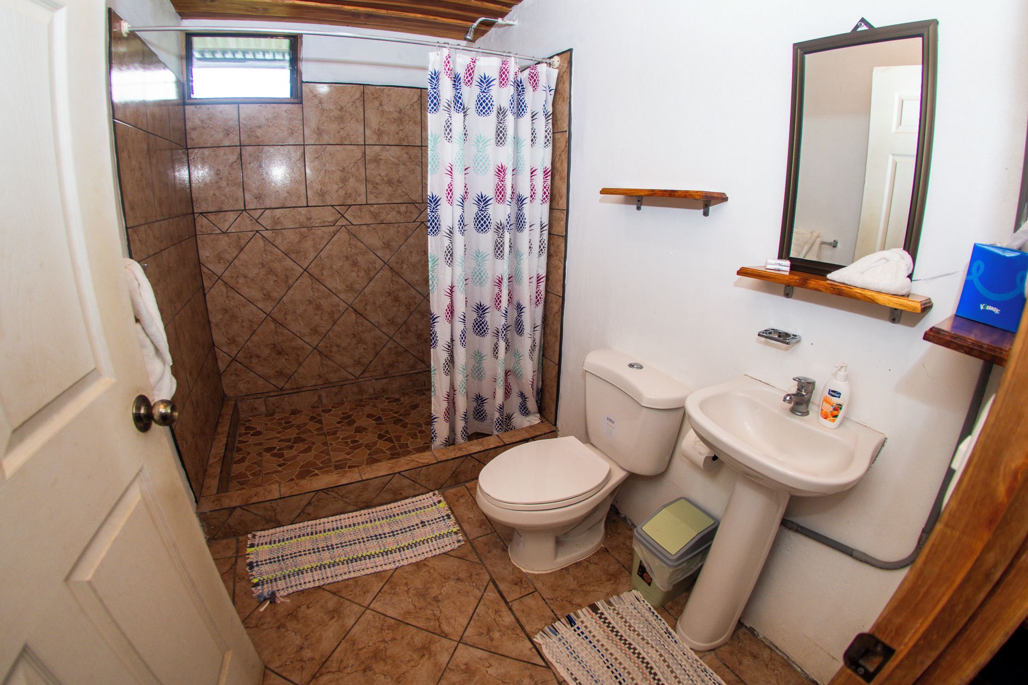 Un baño con ducha, inodoro, lavamanos y espejo.
