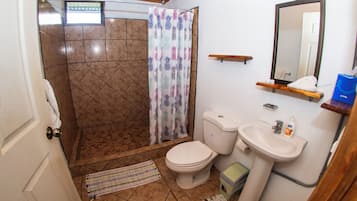Un baño con ducha, inodoro, lavamanos y espejo.