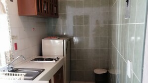 A compact kitchen with a sink, countertop, cabinets, and a small trash bin. - Villas Tequisquiapan  (Tequisquiapan)