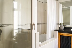 Hair dryer, towels, soap, toilet paper