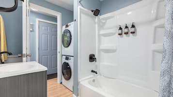 Hair dryer, towels, soap, shampoo