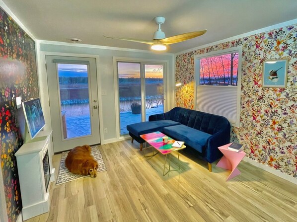 A cozy living room with a blue sofa, a small coffee table, and a dog resting on a rug.