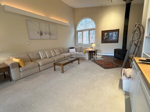 Télévision, cheminée, lecteur de DVD, baby-foot