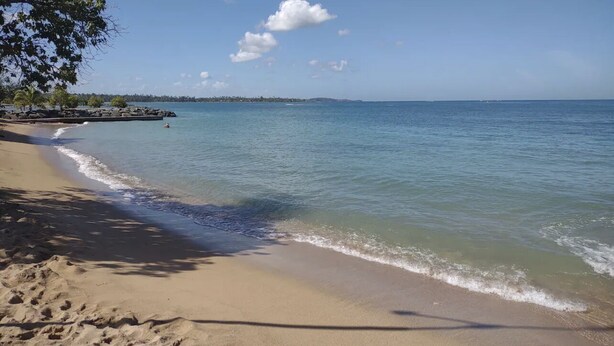 A beach with clear water, a sandy shore, and a distant shoreline with buildings. - Luxury Full House in Dorado, Puerto Rico (Dorado)