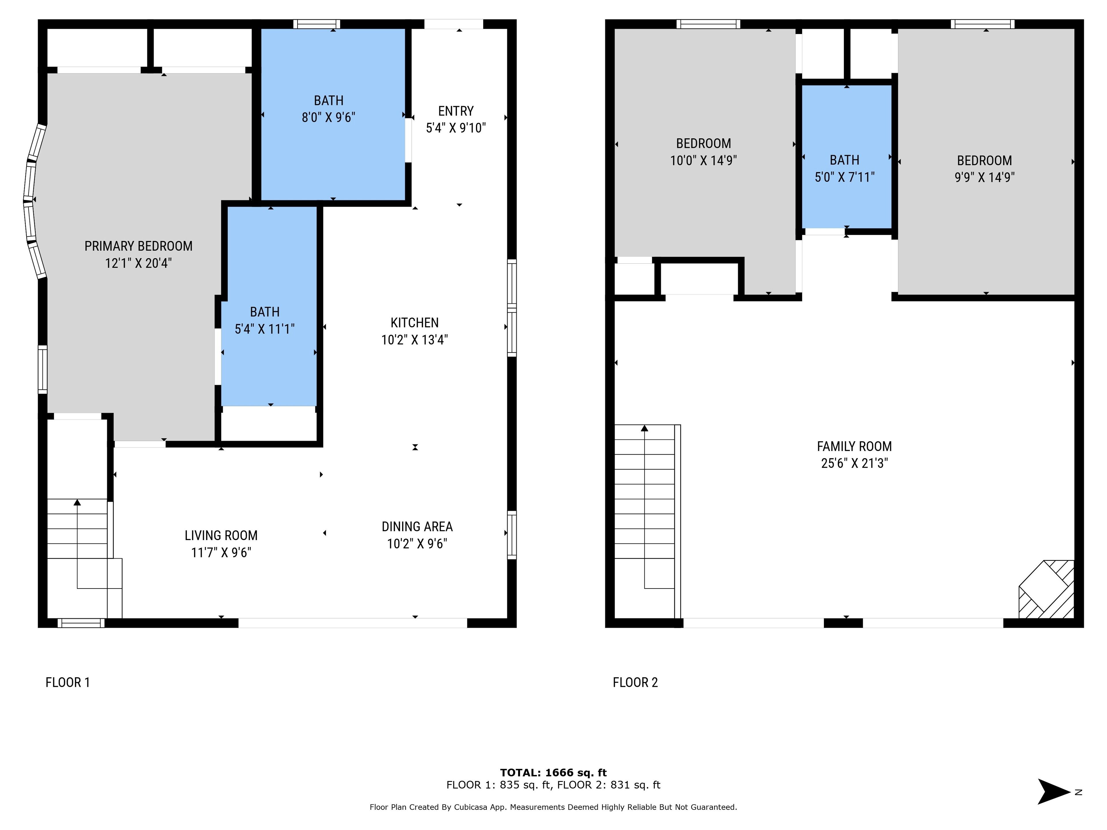 A floor plan of a two-floor apartment with a primary bedroom, secondary bedroom, bathroom, kitchen, dining area, living room, and family room.