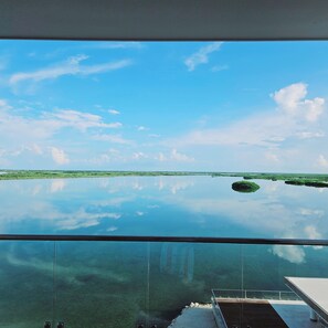 A clear view of a calm body of water with a distant shoreline, a clear sky, and a modern architectural structure with a glass railing.