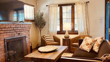 Smart TV, chimenea y libros