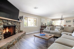 Smart TV, fireplace, table football, books