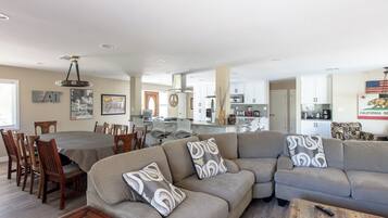 Smart TV, fireplace, foosball, books
