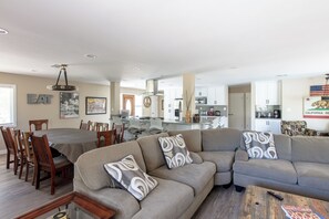 Smart TV, fireplace, table football, books