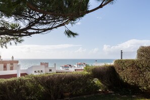 Ein Blick auf die Küste mit blauem Himmel, einem Strand und Gebäuden im Hintergrund.
