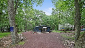 A rustic cabin with a gravel driveway, surrounded by tall trees. - KingBed+Cabin+quiet+new renovation+foliage+ski (Lake Harmony)