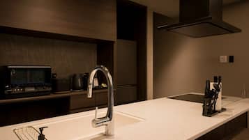 Fridge, microwave, stovetop, cookware/dishes/utensils