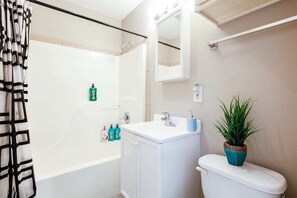 Eco-friendly toiletries, hair dryer, towels, soap