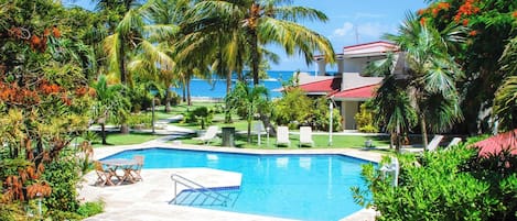 A swimming pool surrounded by palm trees and lounge chairs, with a view of the ocean in the background.