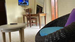 Ein Wohnzimmer mit einem runden Tisch, einem Korbstuhl mit blauer Sitzkissen, einem Holzstuhl und einem an der Wand befestigten Fernseher.