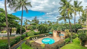 A pool area with palm trees, a small building, and a well-maintained lawn.