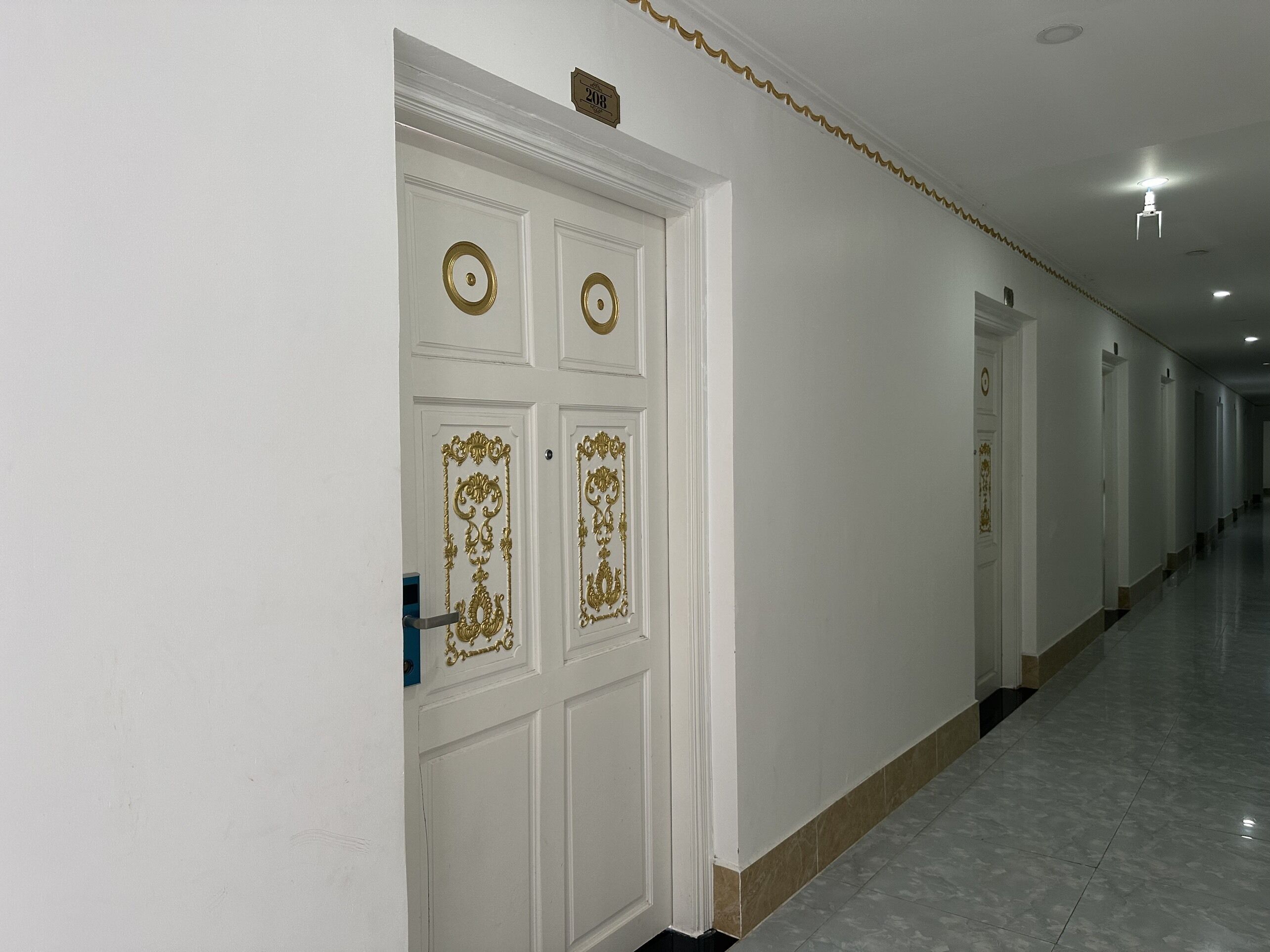 A long, narrow hallway with white walls and doors featuring ornate gold detailing.