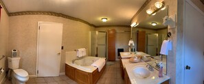 Jetted bath, hair dryer, towels, soap