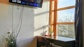 Habitación de hotel con cama, escritorio, televisor montado en la pared, ventana con cortinas y una planta pequeña.