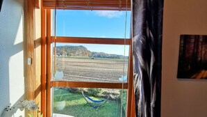 Una habitación con un ventanal grande, una hamaca, una mesita con una planta y un cuadro en la pared.
