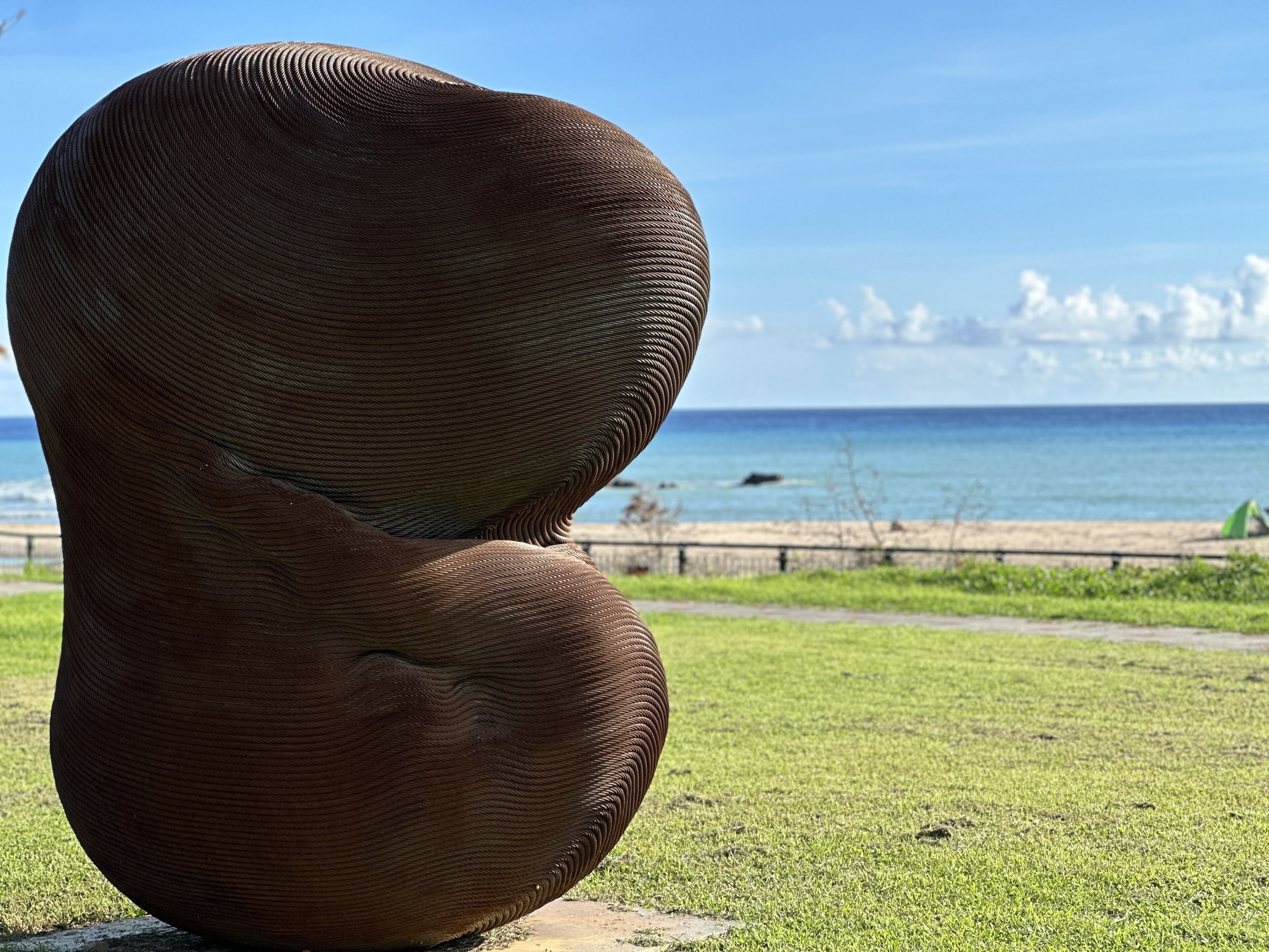A large, textured sculpture in an outdoor setting with a view of the ocean and beach in the background.