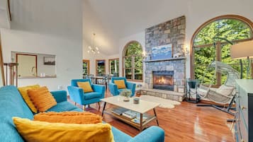 TV, fireplace, video games, foosball