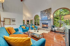 TV, fireplace, video games, foosball