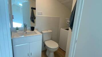 Een haardroger, handdoeken, zeep, toiletpapier