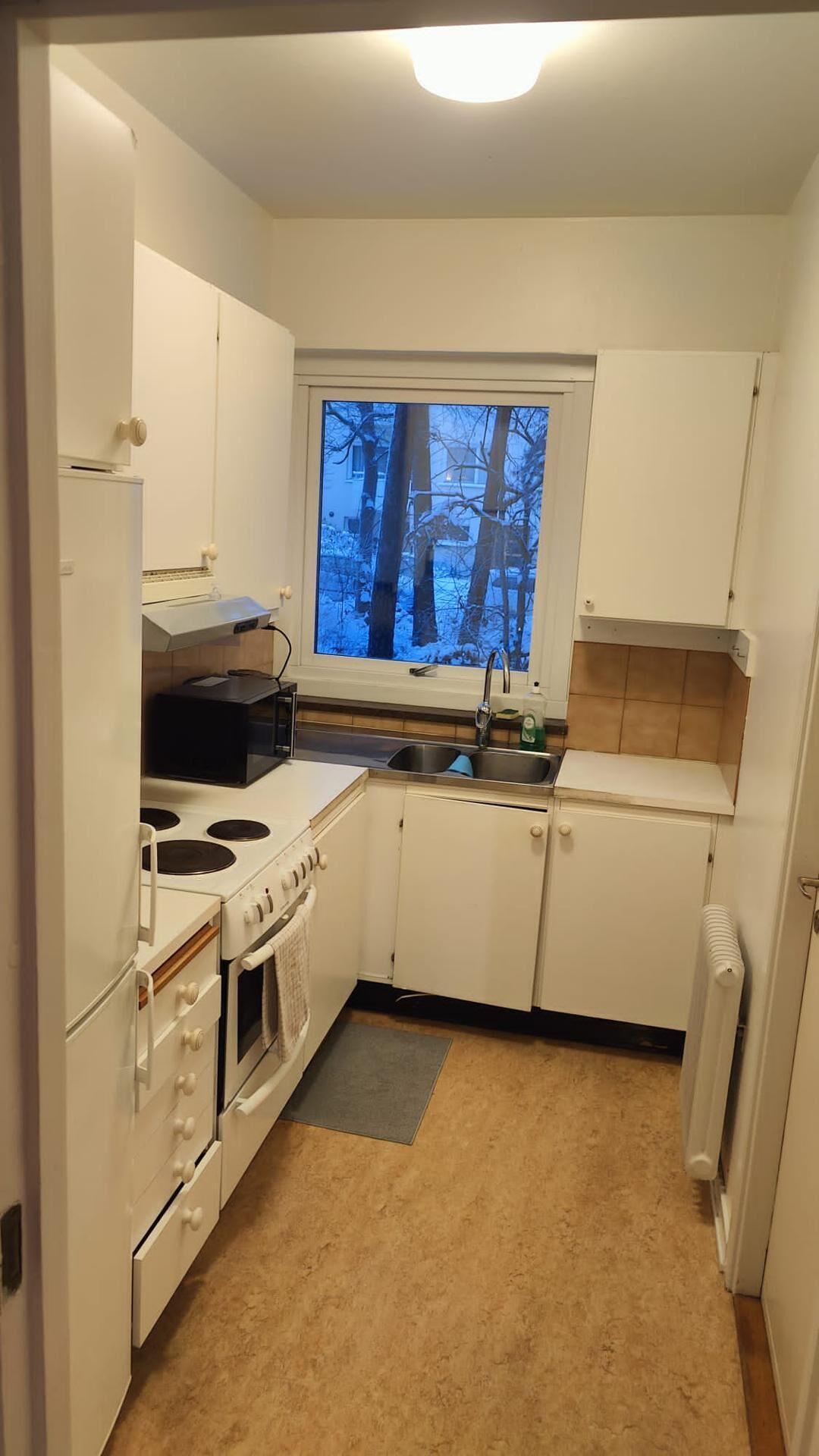 Eine kleine Küche mit weißen Schränken, einem Herd, einem Backofen und einem Fenster mit Blick auf Bäume.