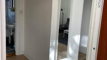 A hallway with a mirror, a door leading to a bathroom, and a carpeted floor.