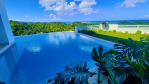 A modern infinity pool with a clear view of a lush green landscape and the ocean in the distance. - Sunset Villa with Infinity Pool (Las Terrenas)