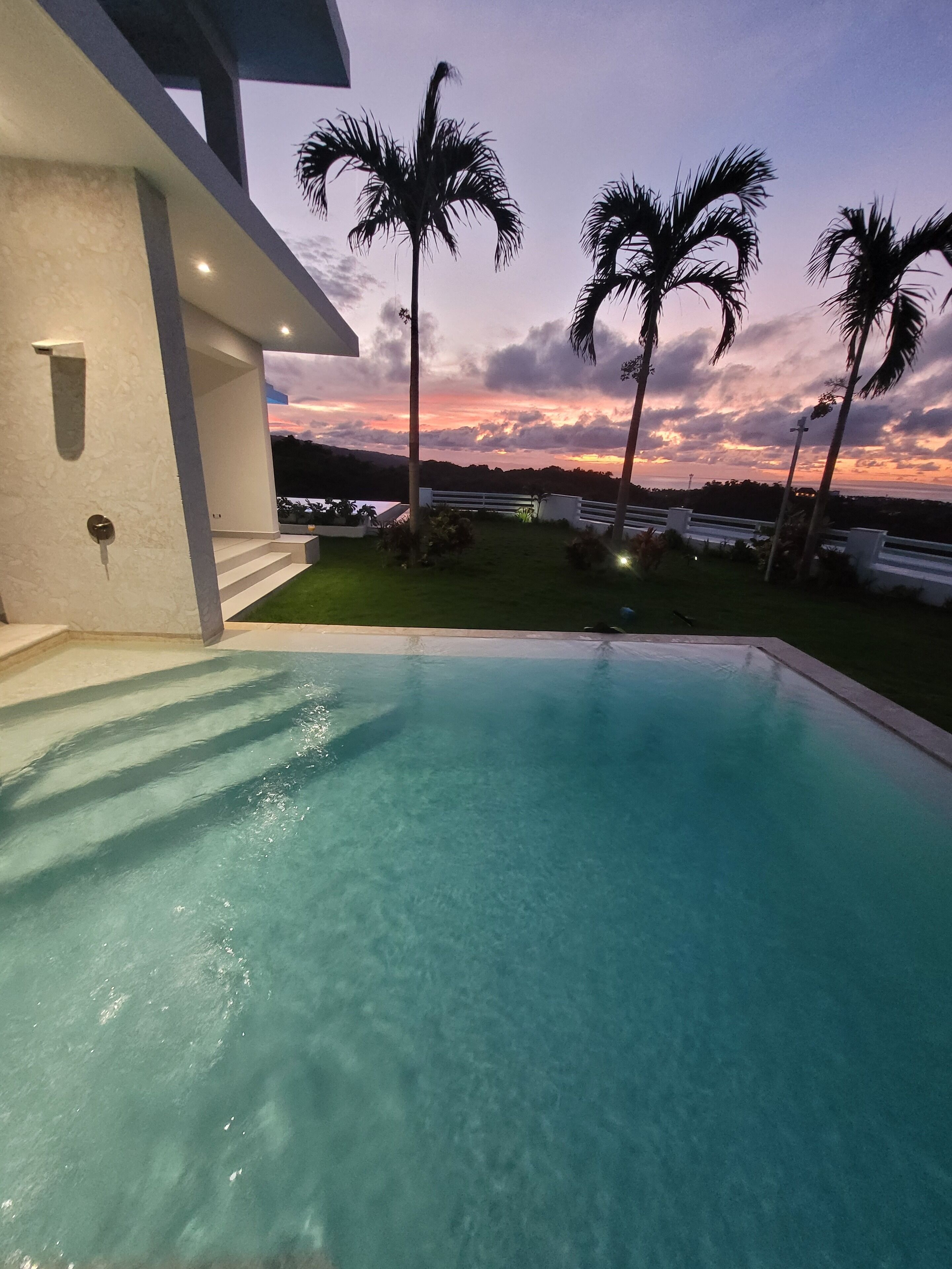A modern outdoor pool with clear water, surrounded by a well-maintained lawn and palm trees, under a twilight sky.
