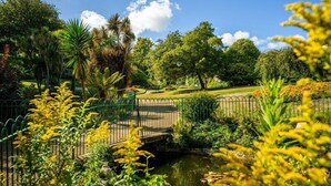 A serene garden with a small pond, lush greenery, and a bridge. - The Pandora Hotel (St. Peter Port)