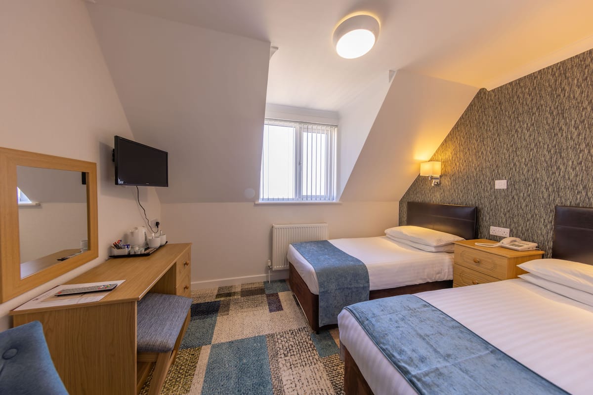 Quarto de hotel com escrivaninha, duas camas, televisão, janela e tapete estampado.