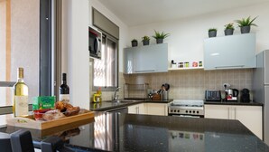 Eine moderne Küche mit einer zentralen Kochinsel, Edelstahlgeräten und Blumentöpfen auf den Schränken.