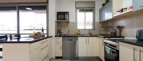 Luxury Apartment | Private kitchen | Full-sized fridge, microwave, oven, stovetop