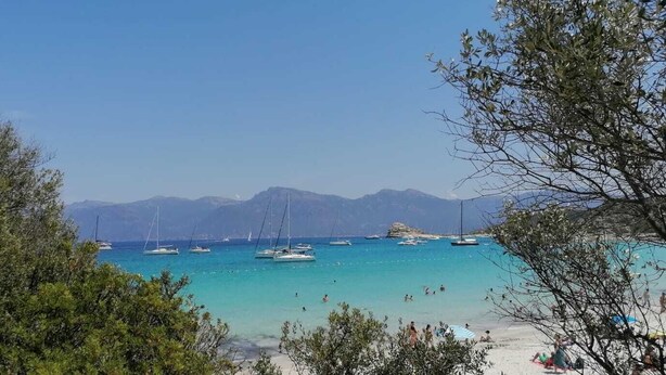A coastal view with boats, beach, and mountains. - Une Vague de Plaisir en Famille (Linguizzetta)