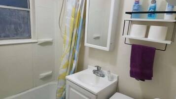 Hair dryer, towels, soap, toilet paper