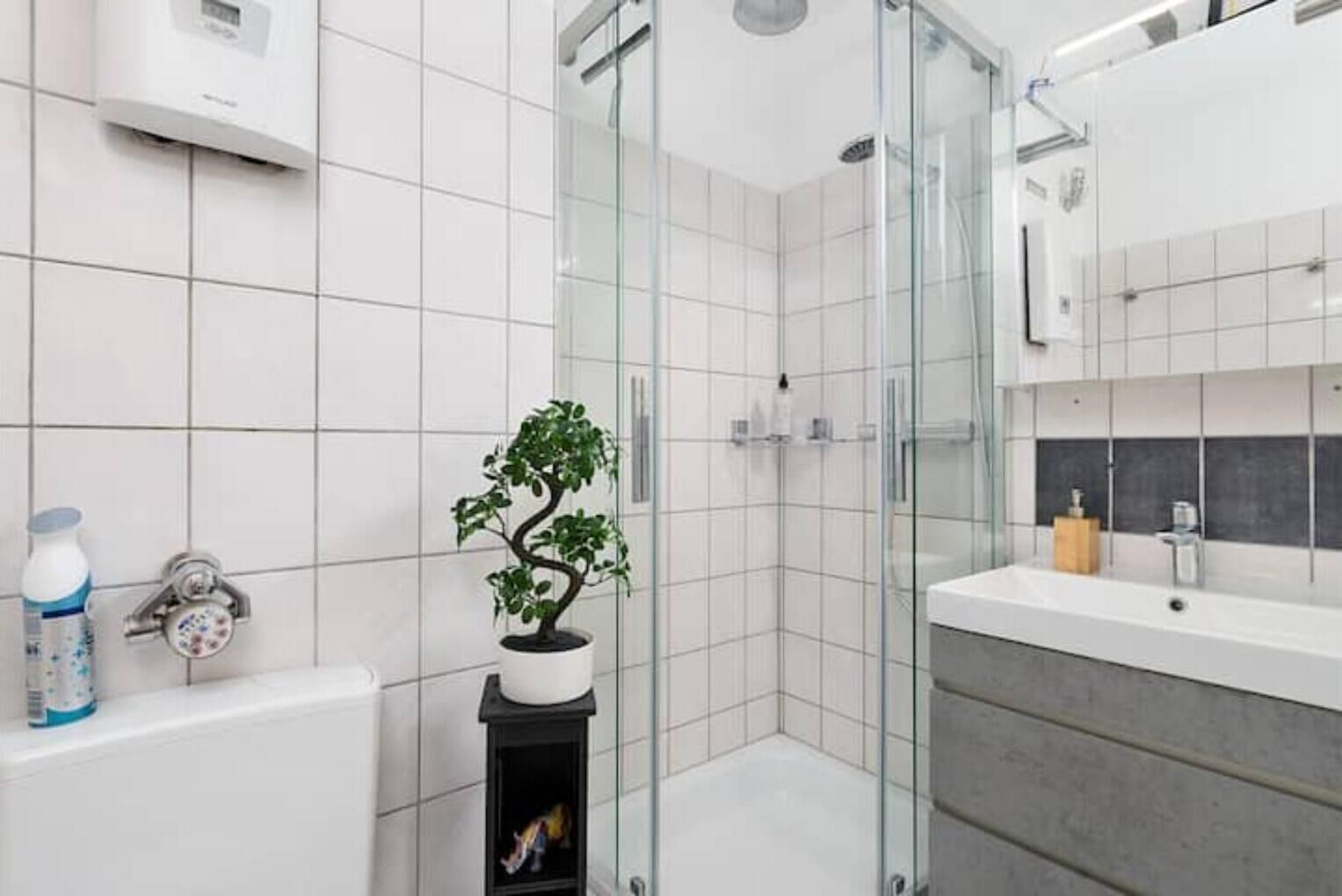 Dusche, umweltfreundliche Kosmetikartikel, Haartrockner, Handtücher