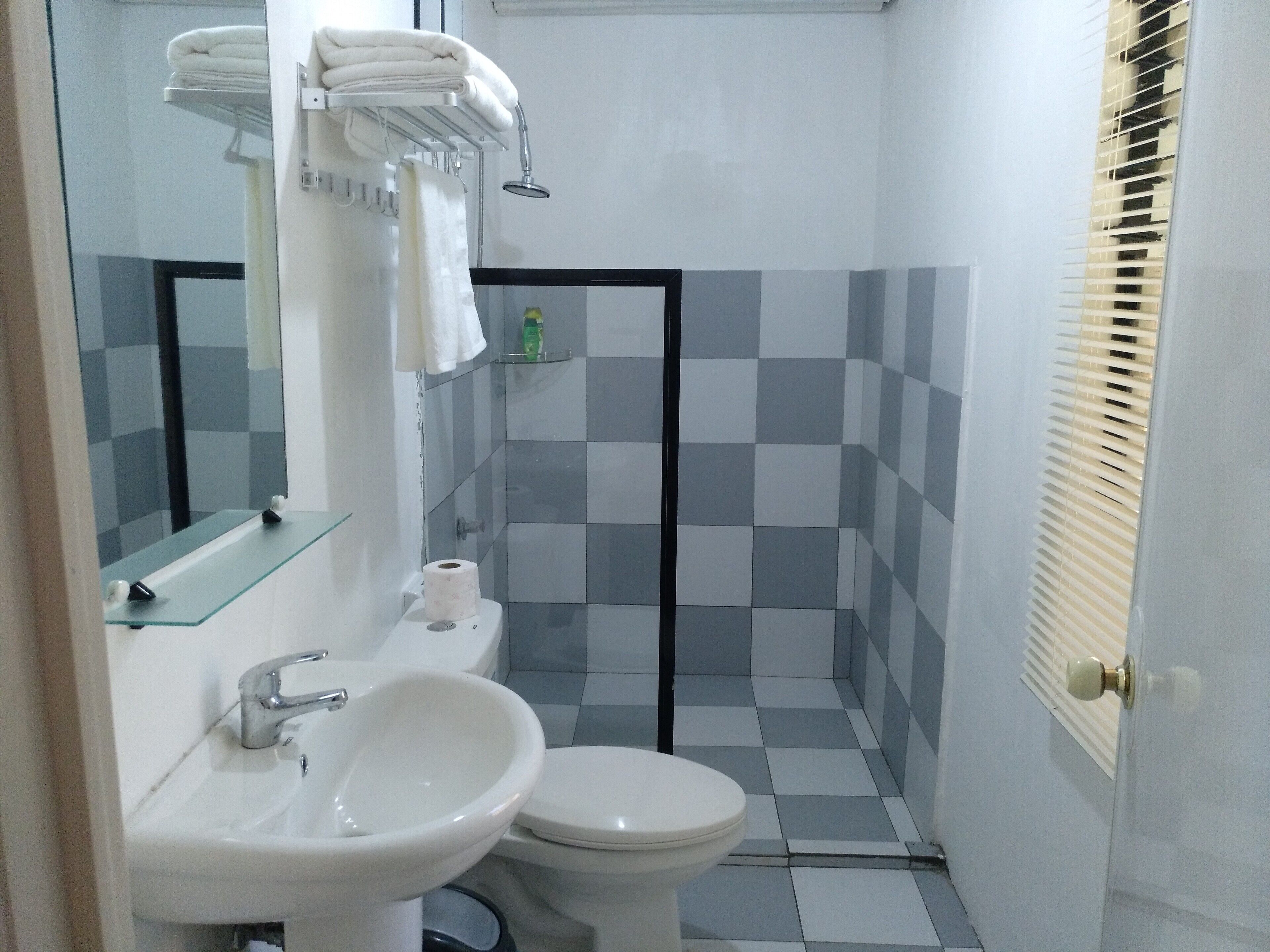 Un bagno con lavandino, wc e doccia.