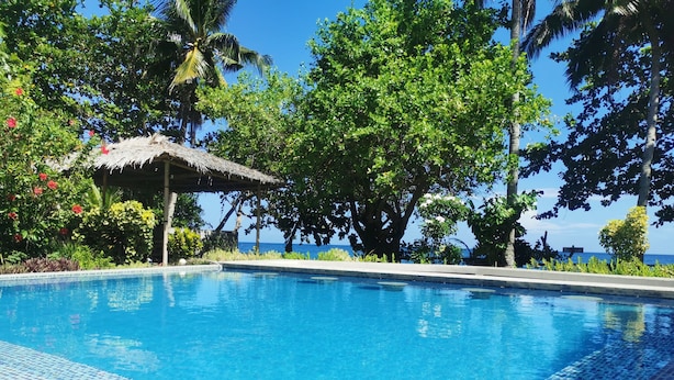 Una piscina azul cristalina rodeada de exuberante vegetación y una estructura con techo de paja.